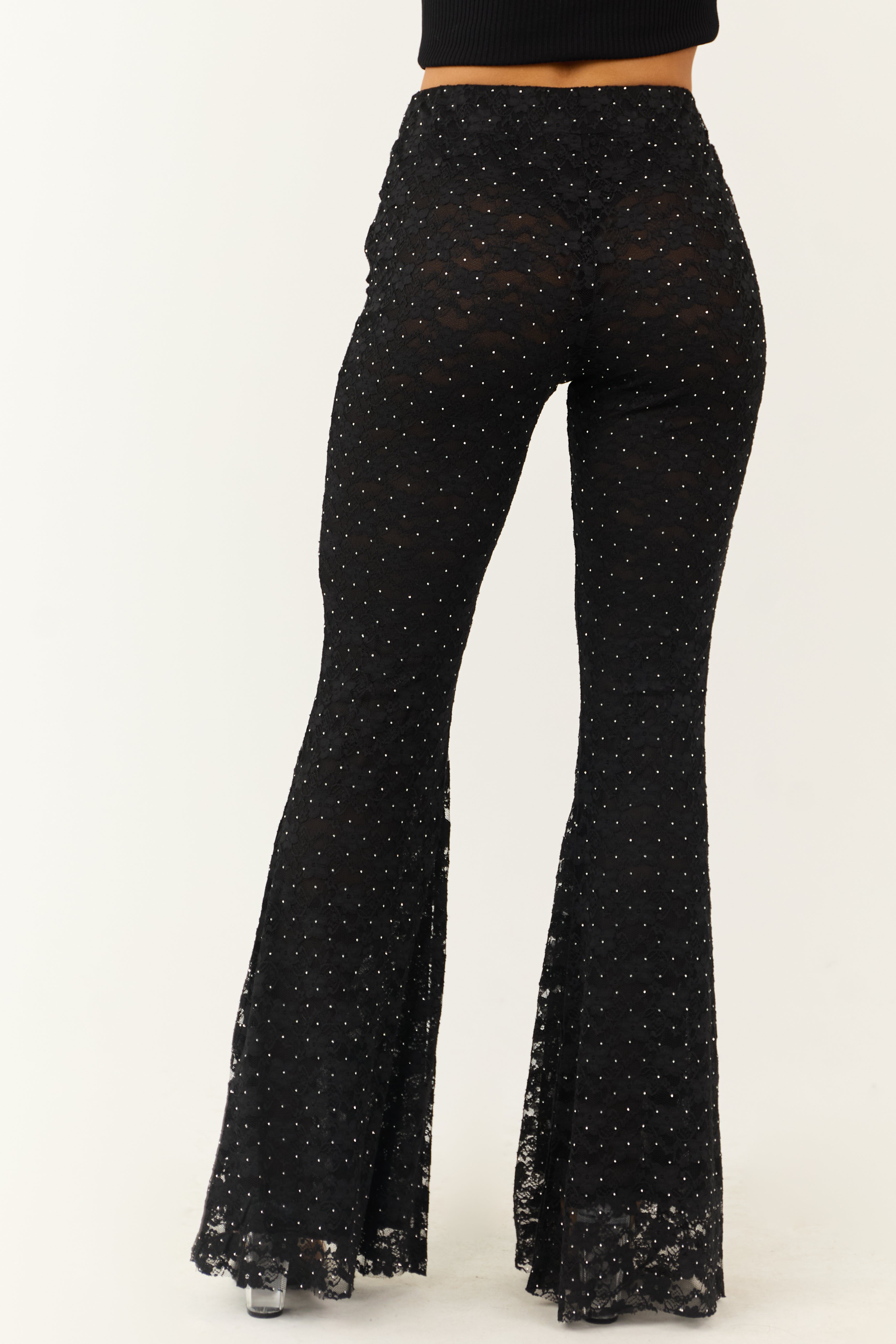 Black Studded Floral Lace High Waist Pants