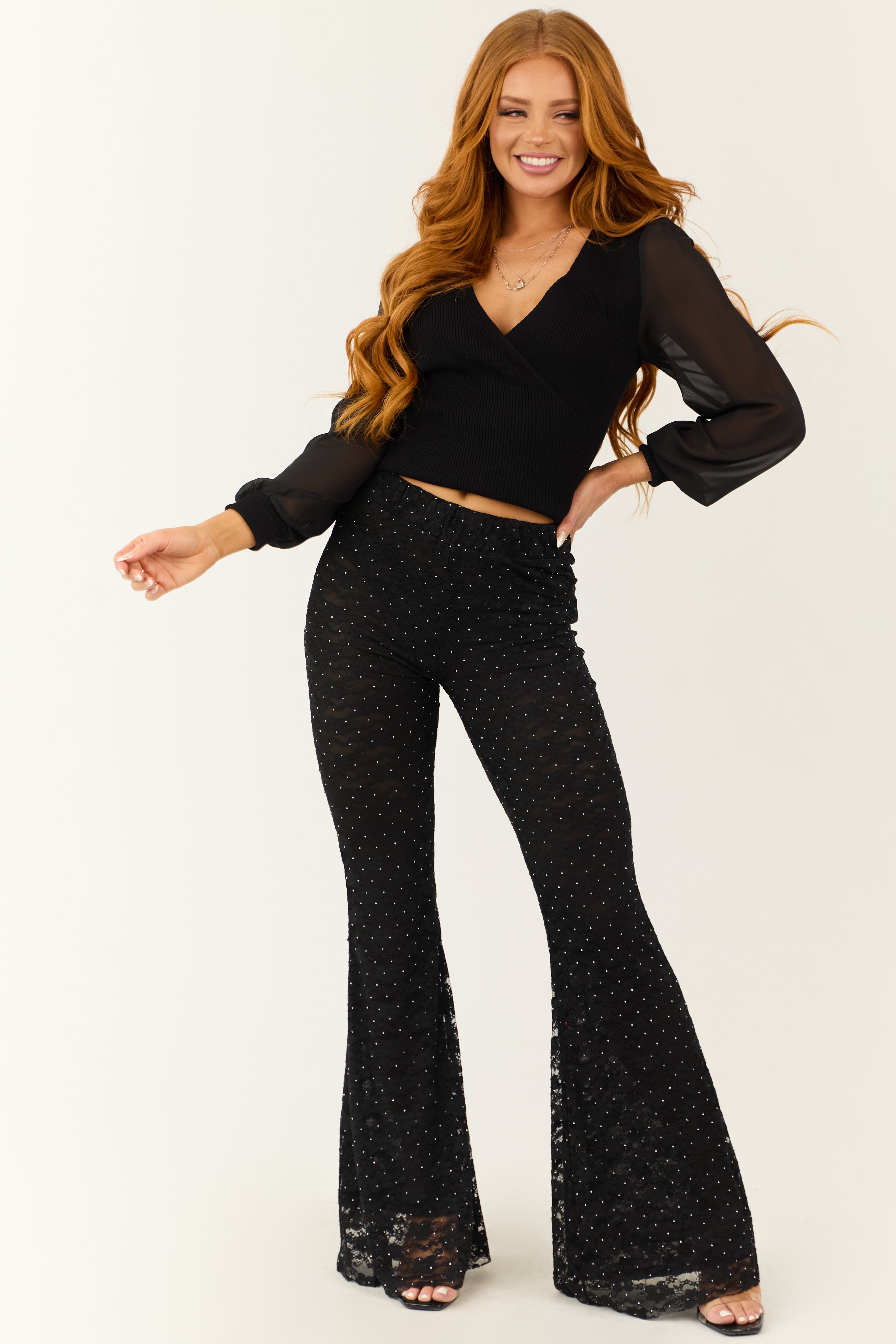 Black Studded Floral Lace High Waist Pants