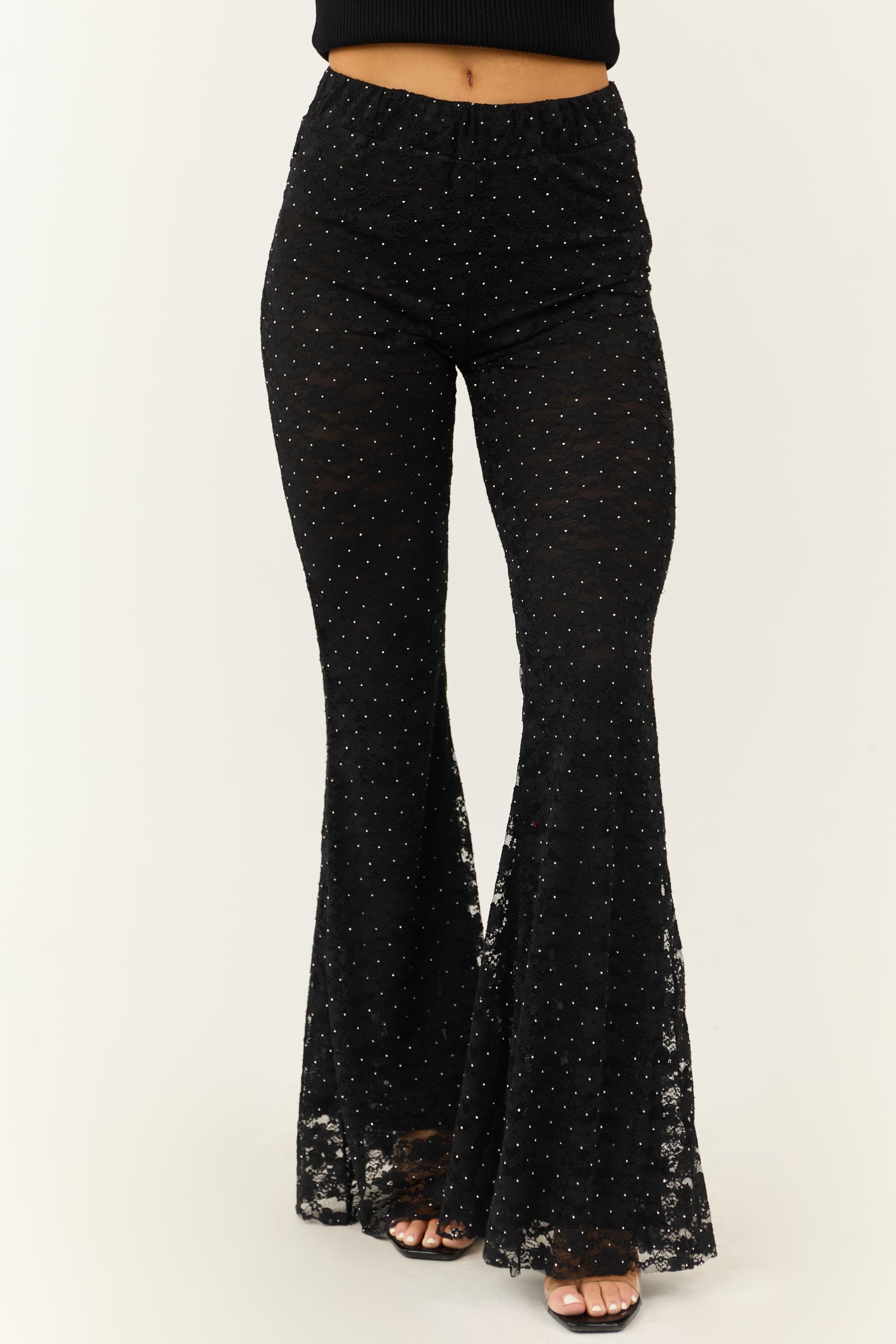 Black Studded Floral Lace High Waist Pants