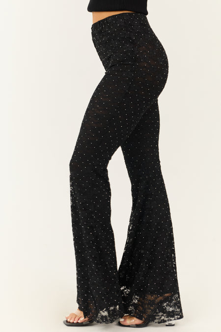 Black Studded Floral Lace High Waist Pants