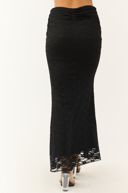 Black Studded Floral Lace Ruched Maxi Skirt