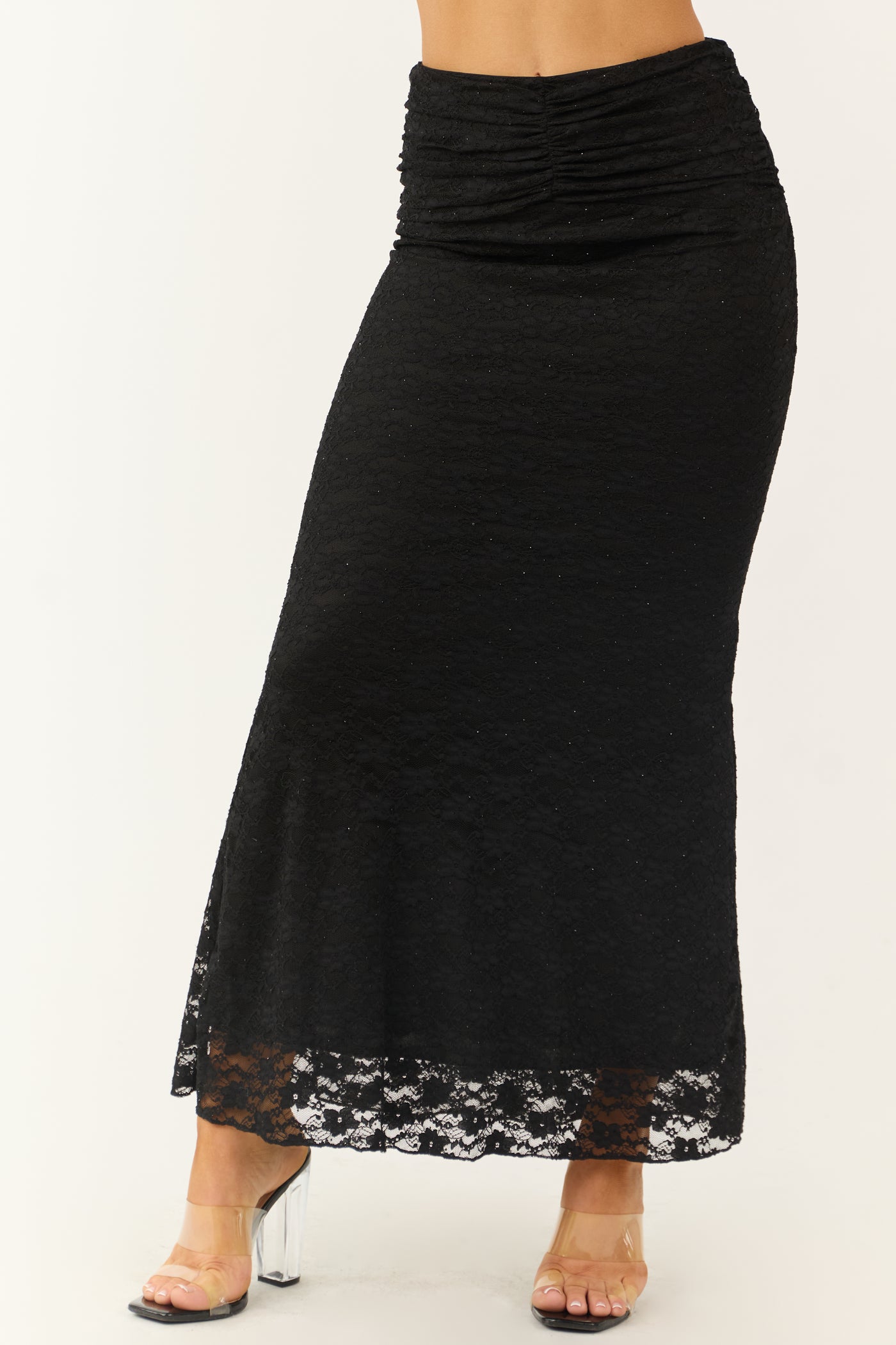 Black Studded Floral Lace Ruched Maxi Skirt