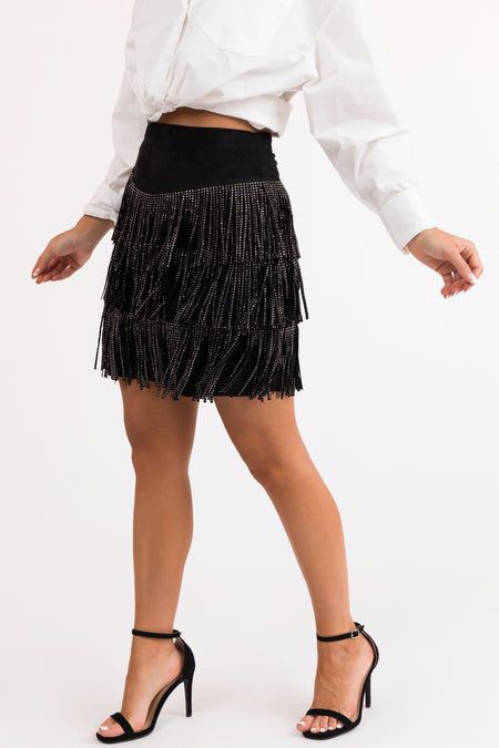 Black Studded Tiered Fringe Suede Mini Skirt