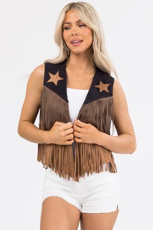 Black Suede Colorblock Fringe Vest