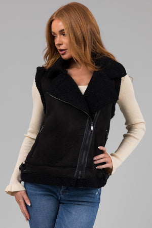 Black Suede and Faux Fur Slant Zipper Vest