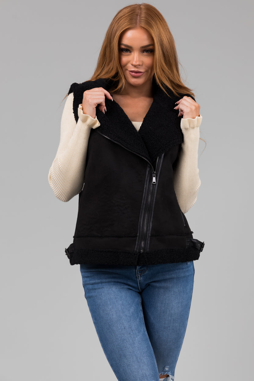 Black Suede and Faux Fur Slant Zipper Vest