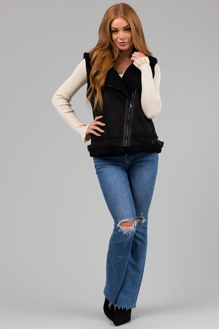 Black Suede and Faux Fur Slant Zipper Vest