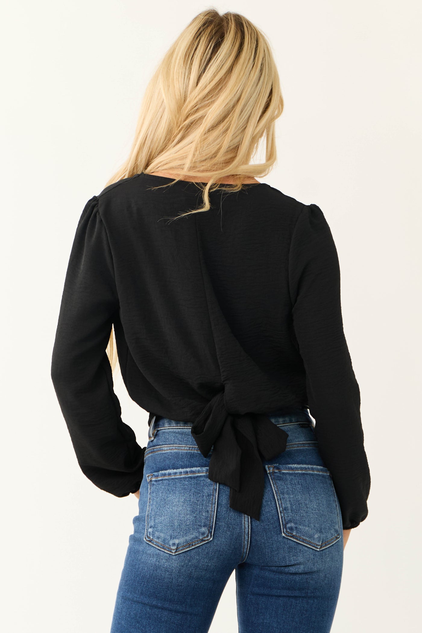 Black Surplice Long Sleeve Back Tie Blouse