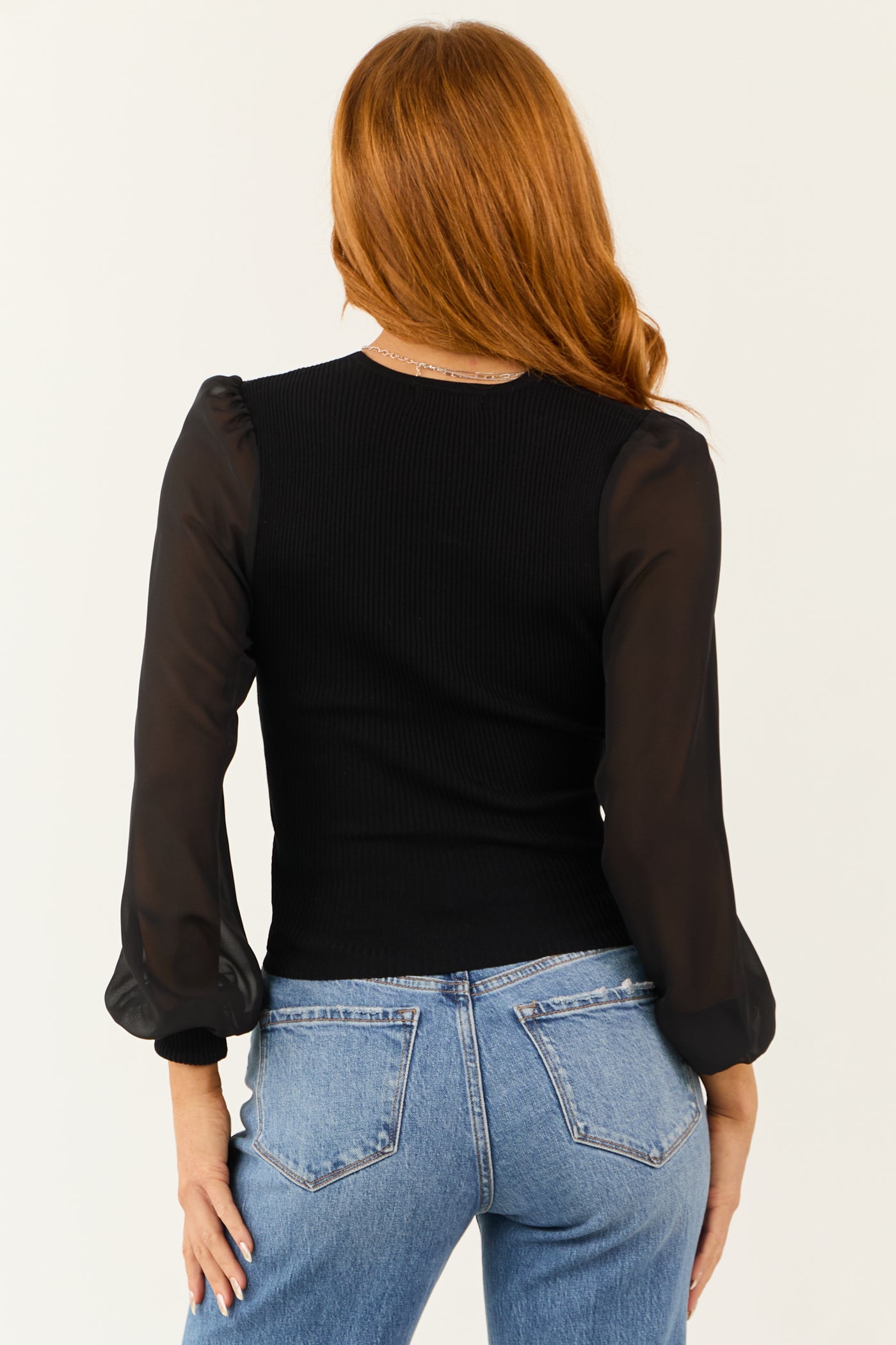 Black Surplice V Neckline Chiffon Sleeve Sweater