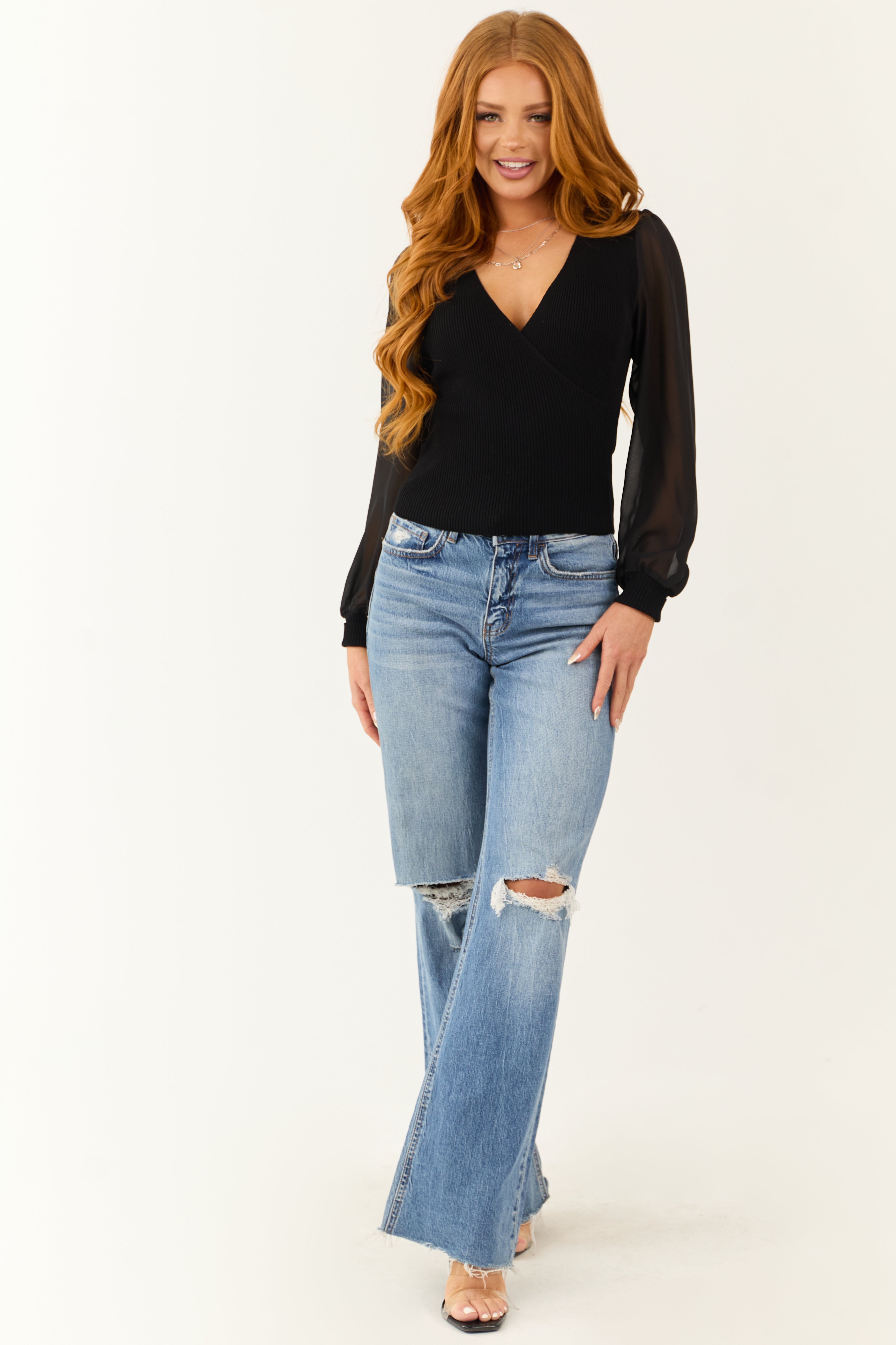 Black Surplice V Neckline Chiffon Sleeve Sweater