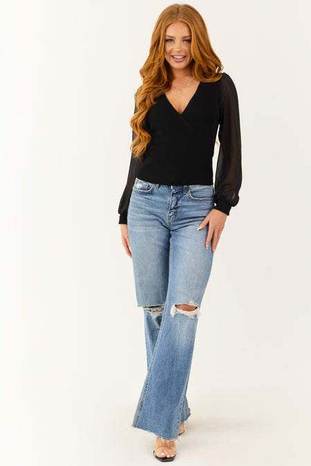 Black Surplice V Neckline Chiffon Sleeve Sweater