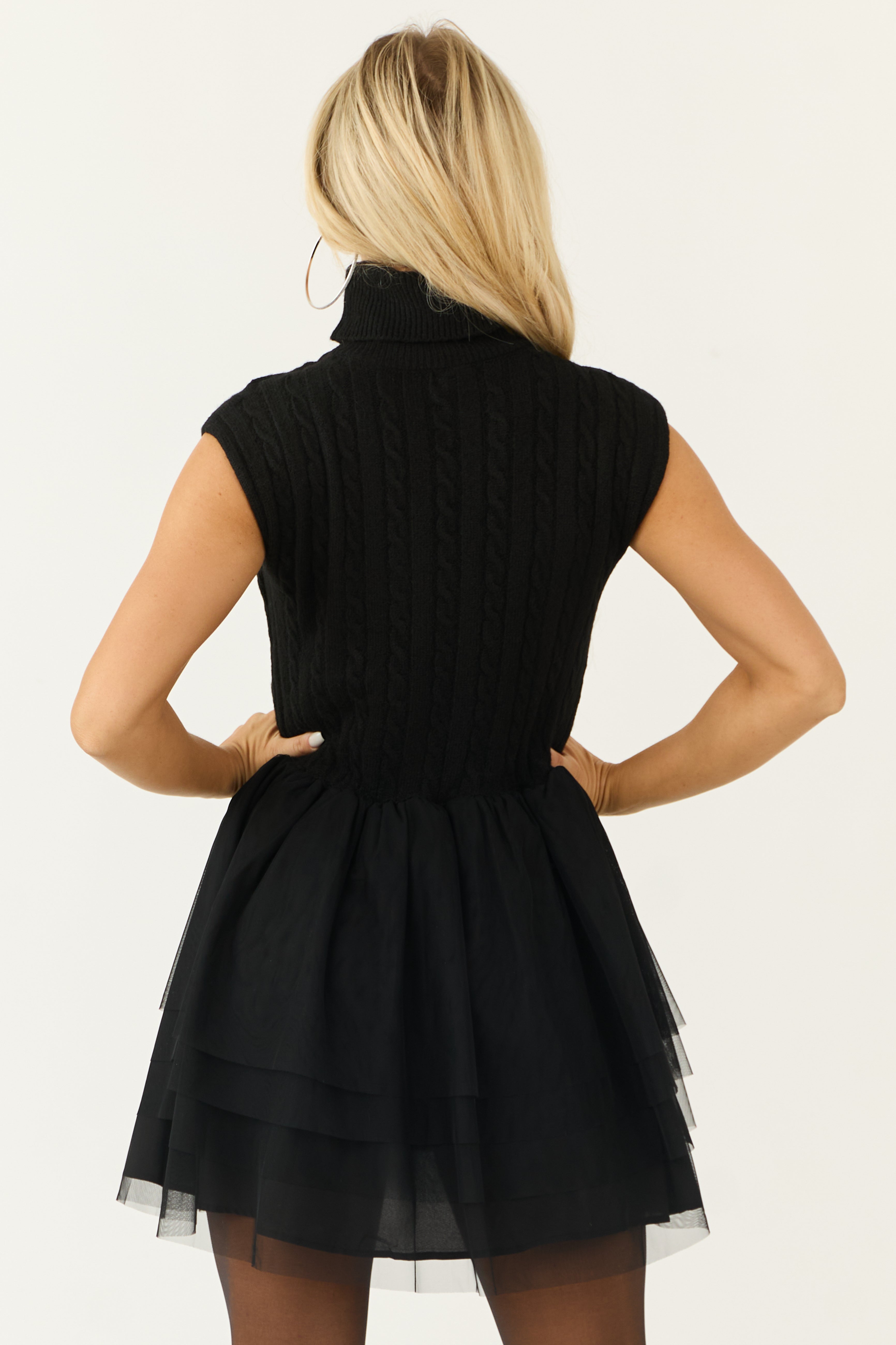 Black Sweater Bodice Ruffle Tulle Mini Dress