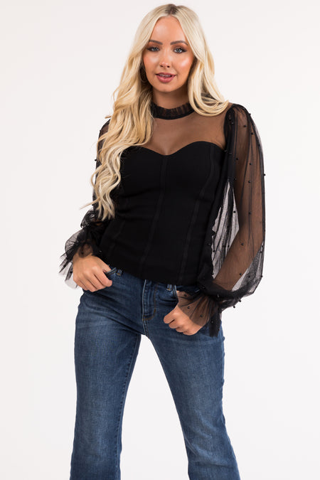 Black Sweater Knit Top with Beaded Tulle Sleeves