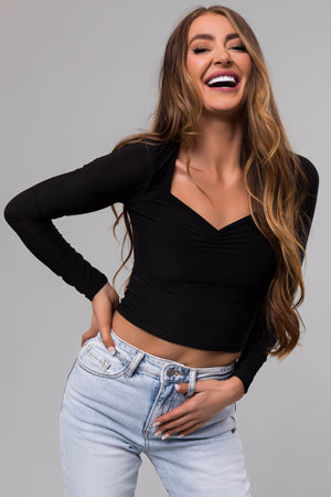 Black Sweetheart Neck Long Sleeve Crop Top