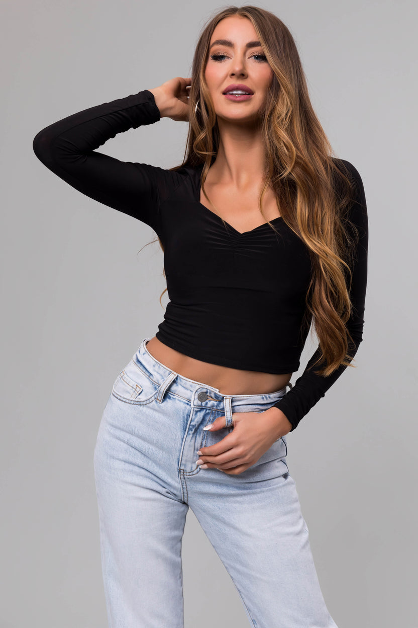 Black Sweetheart Neck Long Sleeve Crop Top