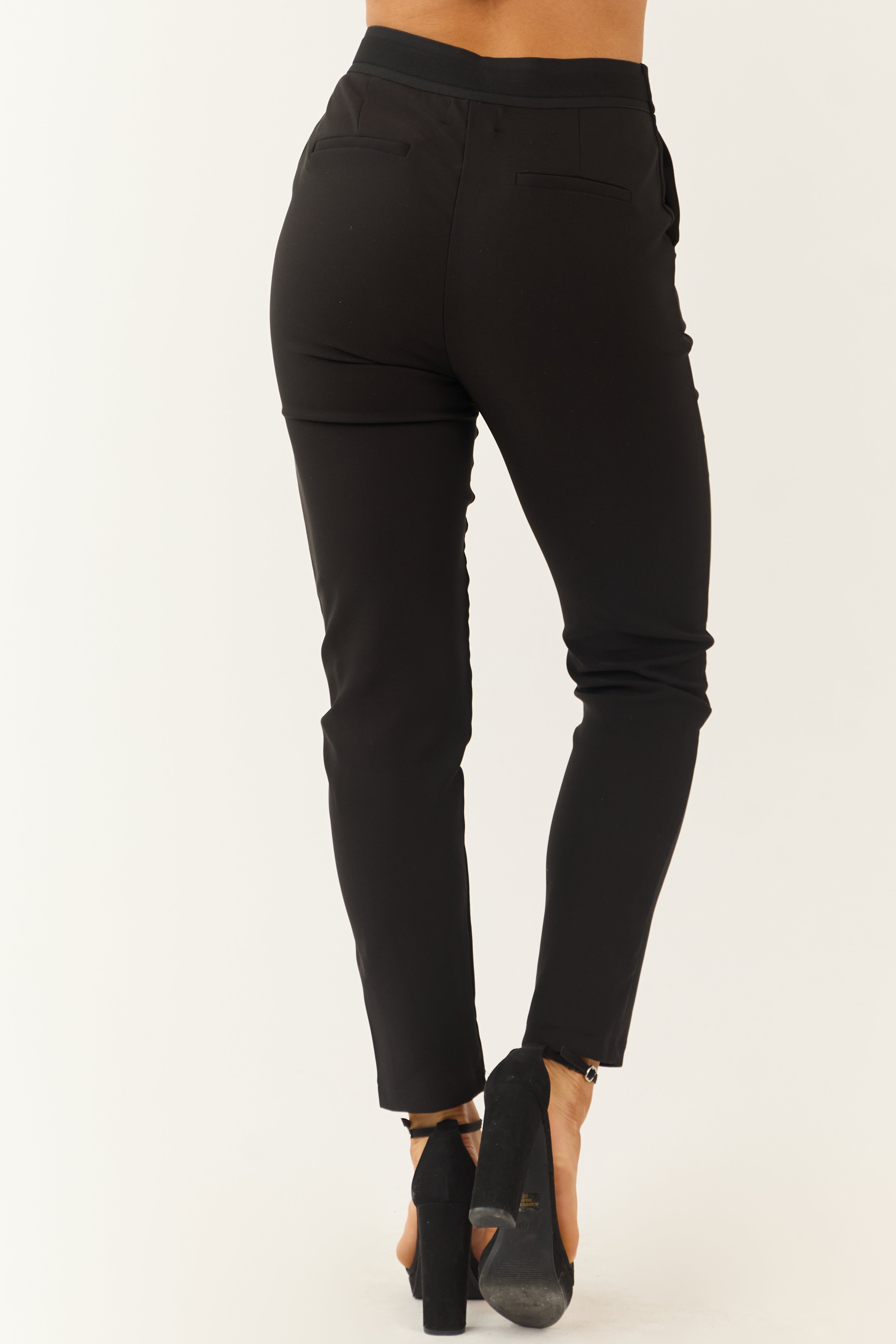 Black Tapered Straight Pants with Elastic Waistband