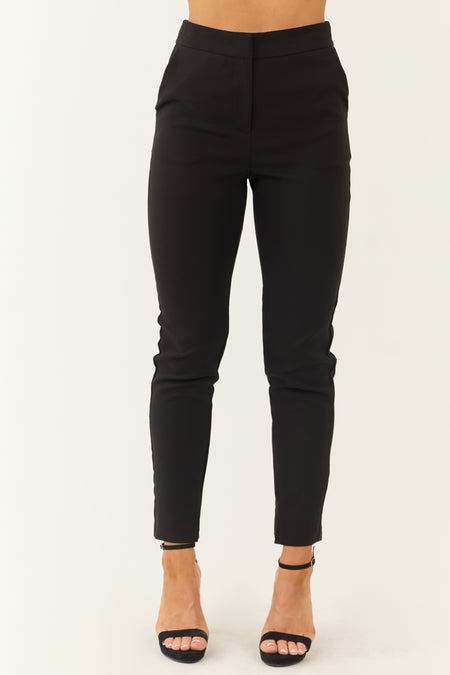 Black Tapered Straight Pants with Elastic Waistband