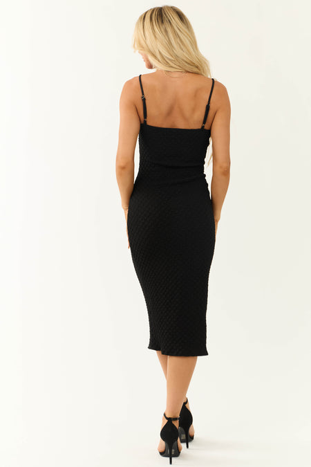 Black Textured Deep Sweetheart Neck Midi Dress