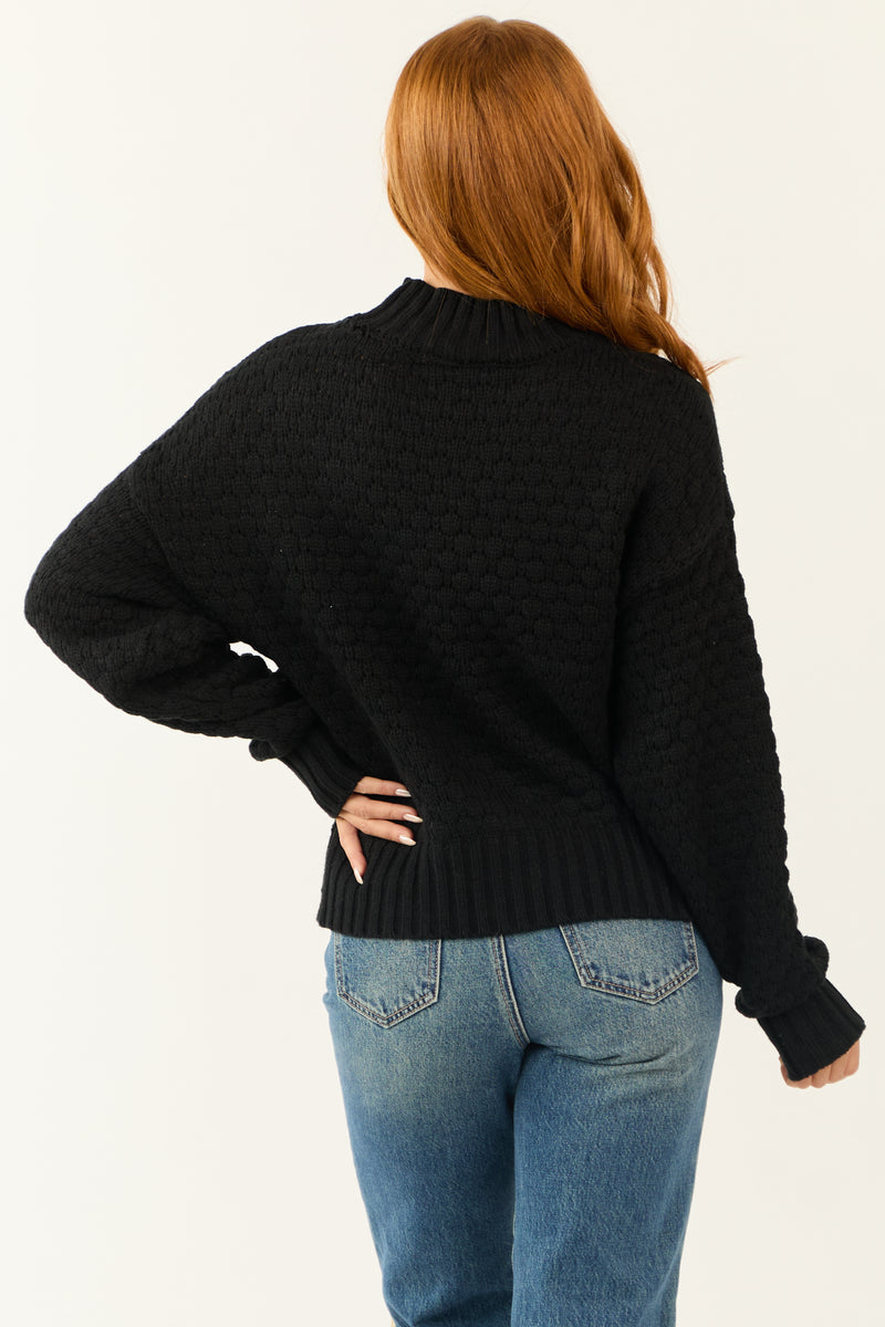 Black Textured Knit High Neck Sweater