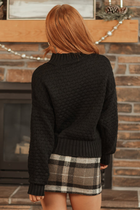 Black Textured Knit High Neck Sweater