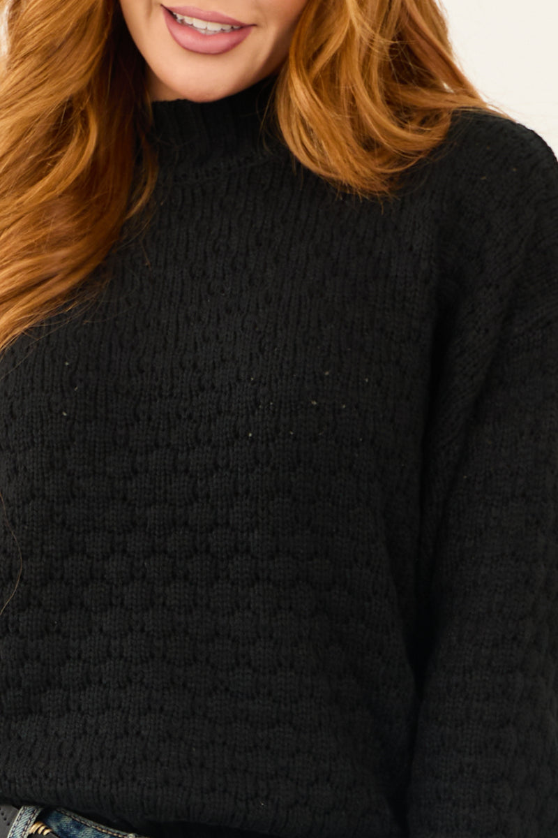 Black Textured Knit High Neck Sweater