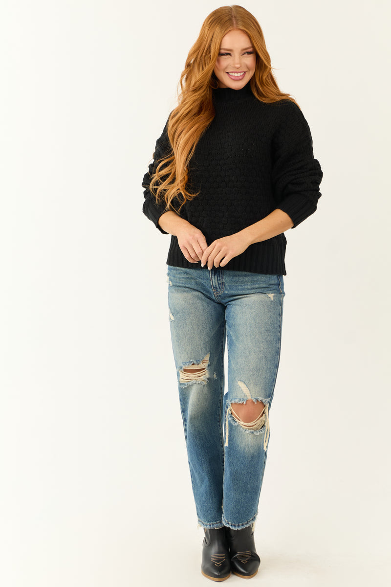 Black Textured Knit High Neck Sweater