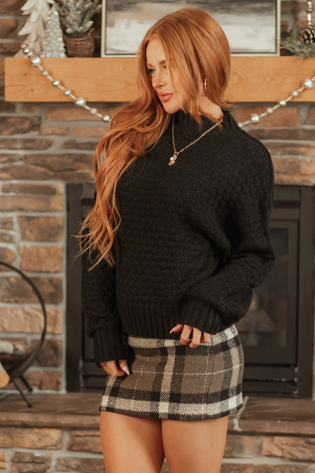 Black Textured Knit High Neck Sweater