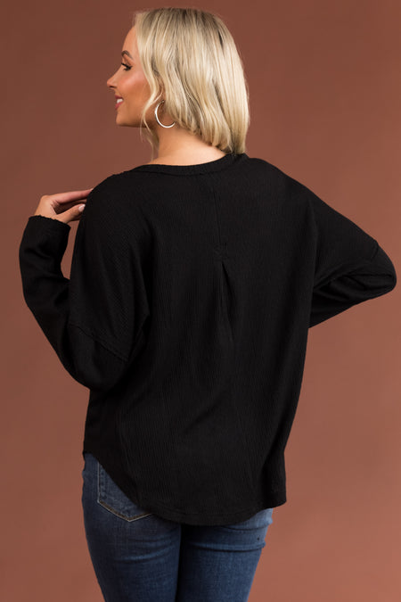 Black Textured Knit Long Sleeve Henley Top