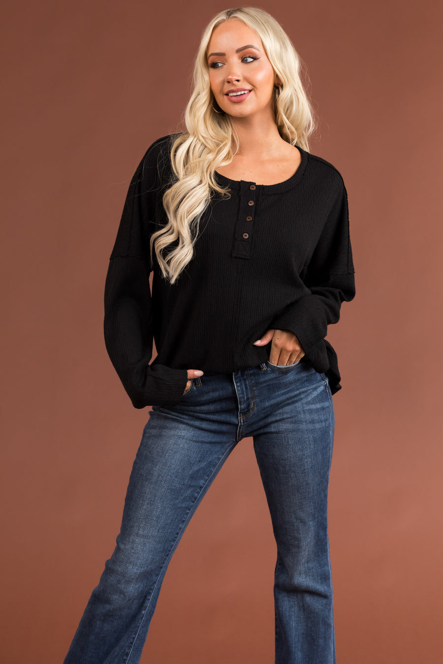 Black Textured Knit Long Sleeve Henley Top