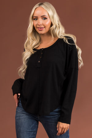 Black Textured Knit Long Sleeve Henley Top