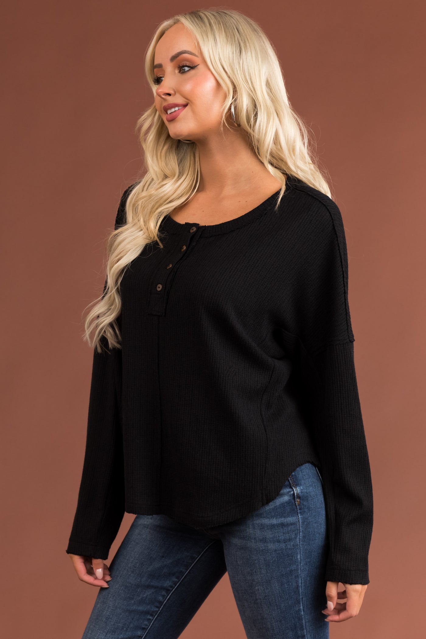 Black Textured Knit Long Sleeve Henley Top