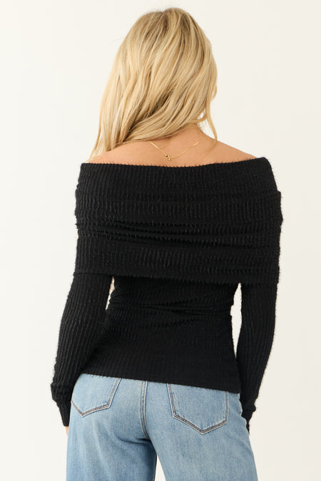 Black Textured Off Shoulder Long Sleeve Top