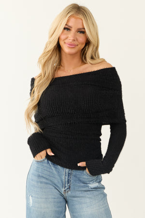 Black Textured Off Shoulder Long Sleeve Top