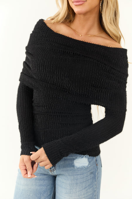 Black Textured Off Shoulder Long Sleeve Top