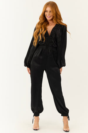 Black Textured Satin Deep V Neck Jumpsuit