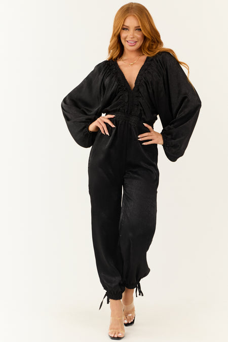 Black Textured Satin Deep V Neck Jumpsuit