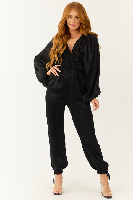 Black Textured Satin Deep V Neck Jumpsuit