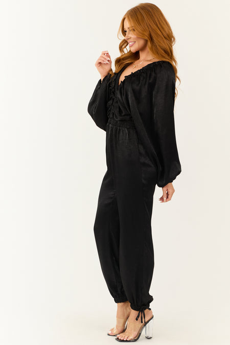 Black Textured Satin Deep V Neck Jumpsuit