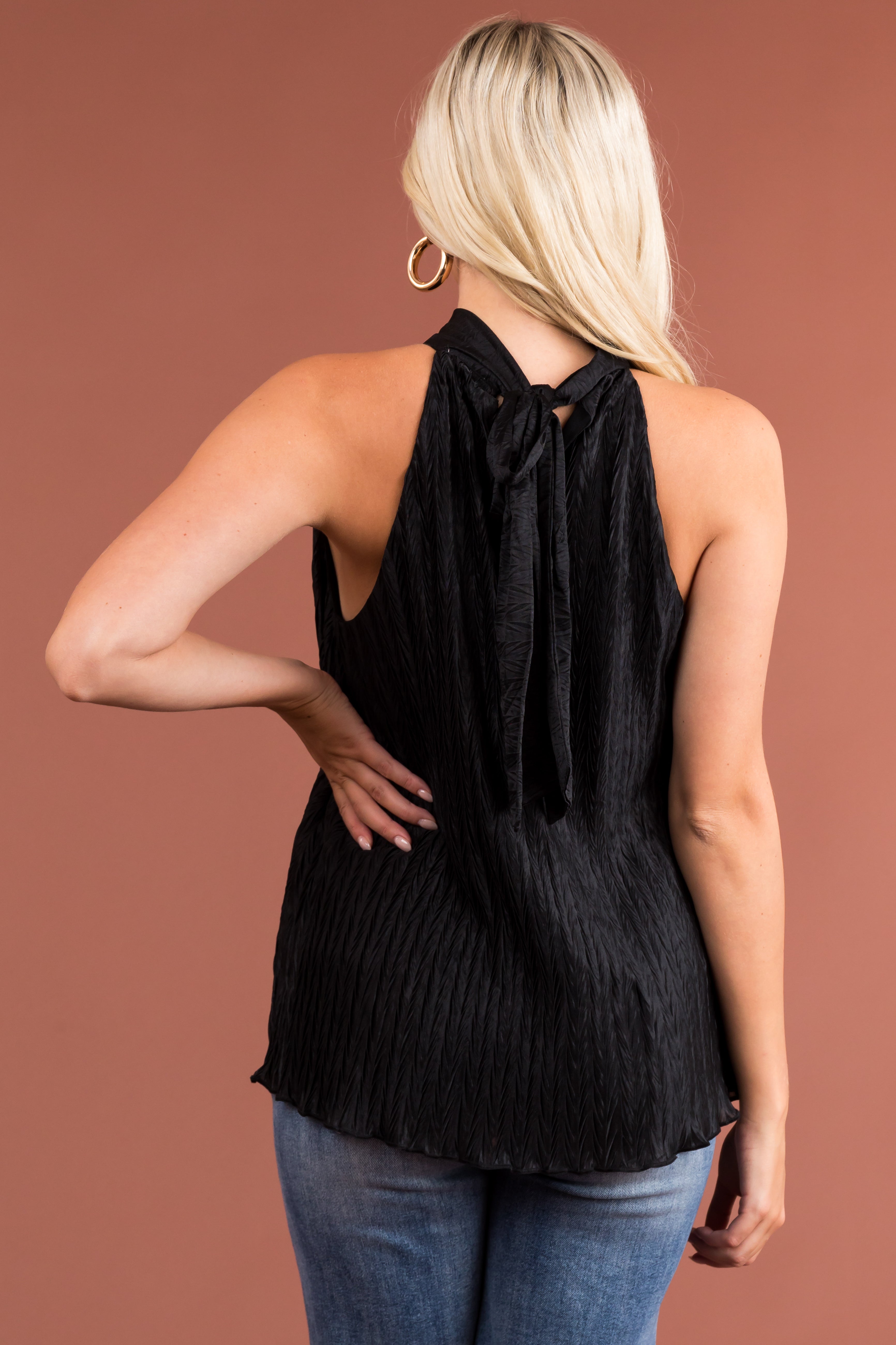 Black Textured Satin Halter Tank Top