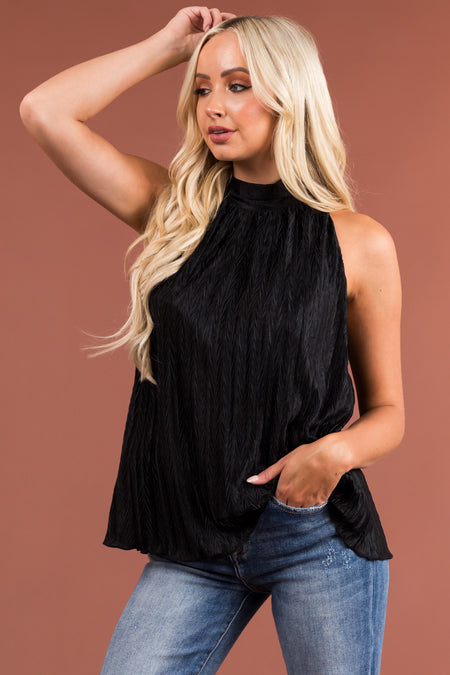 Black Textured Satin Halter Tank Top