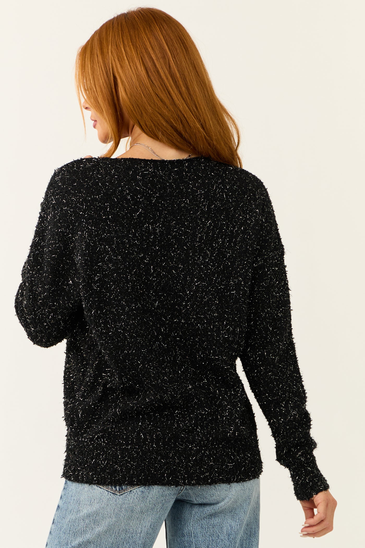 Black Textured V-Neck Lightweight Sweater