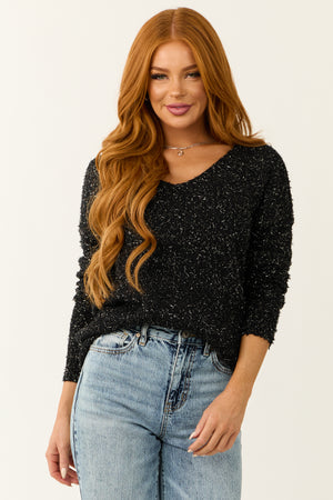 Black Textured V-Neck Lightweight Sweater