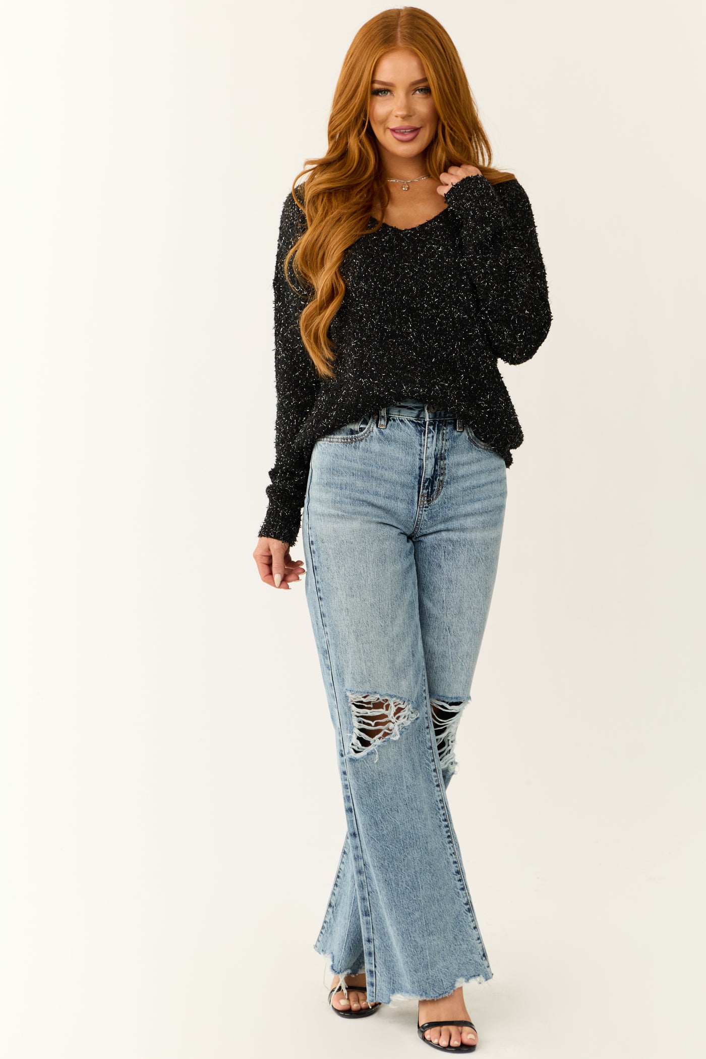 Black Textured V-Neck Lightweight Sweater