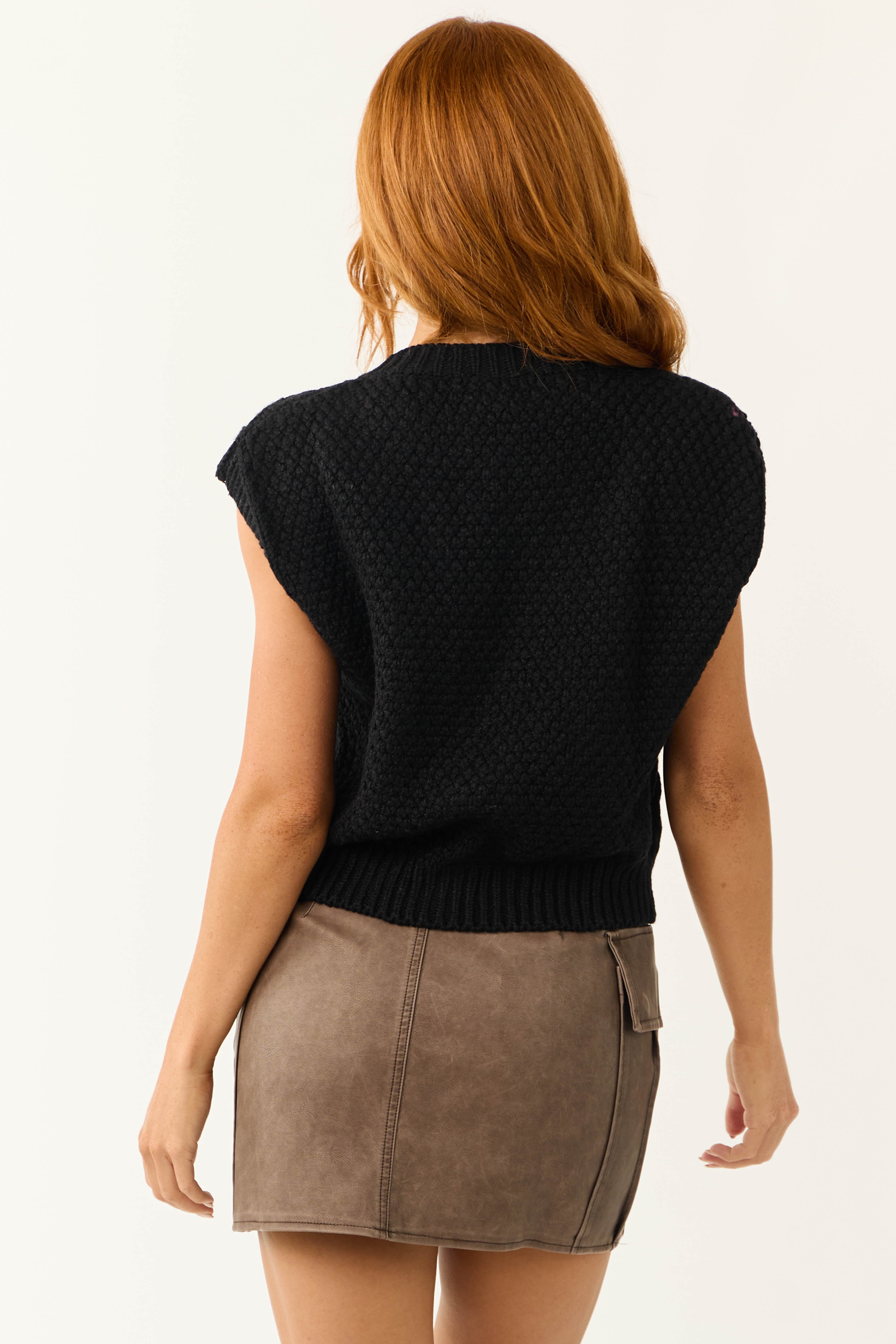 Black Thick Cable Knit Button Sweater Vest