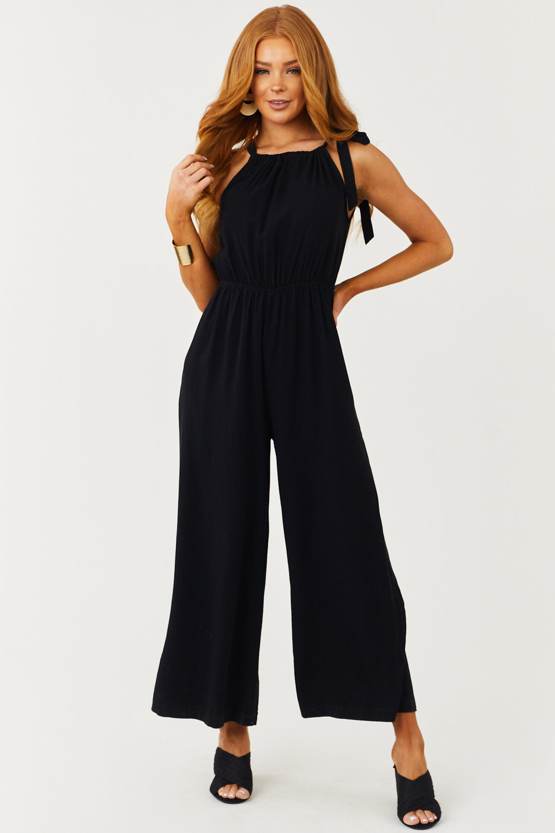 ELASTIC WAIST FULL LENGTH JUMPSUIT - Black