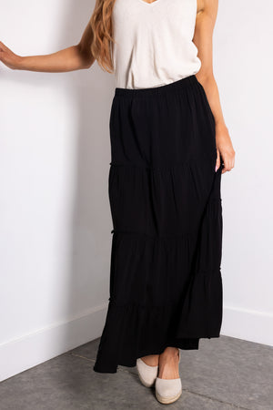 Black Tiered Elastic Waist Woven Maxi Skirt