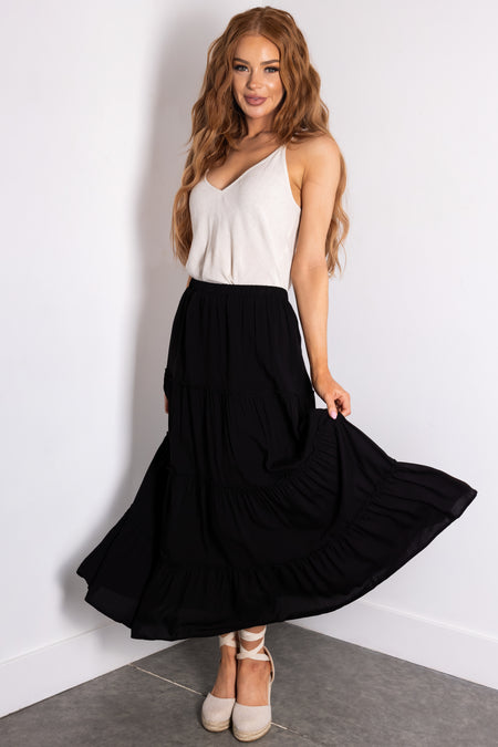 Black Tiered Elastic Waist Woven Maxi Skirt