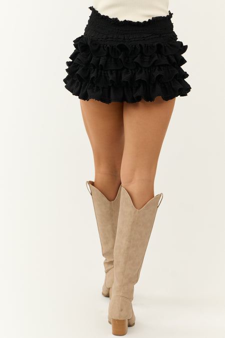 Black Tiered Multi Ruffle Textured Mini Skort