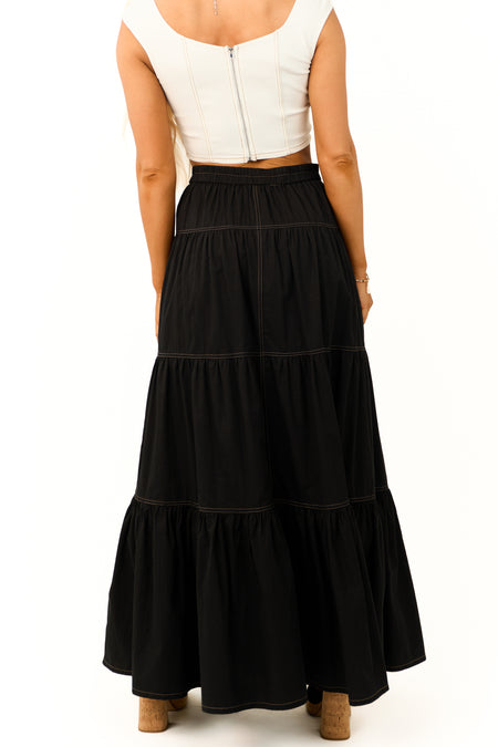 Black Tiered Seam Detail Buttoned Maxi Skirt