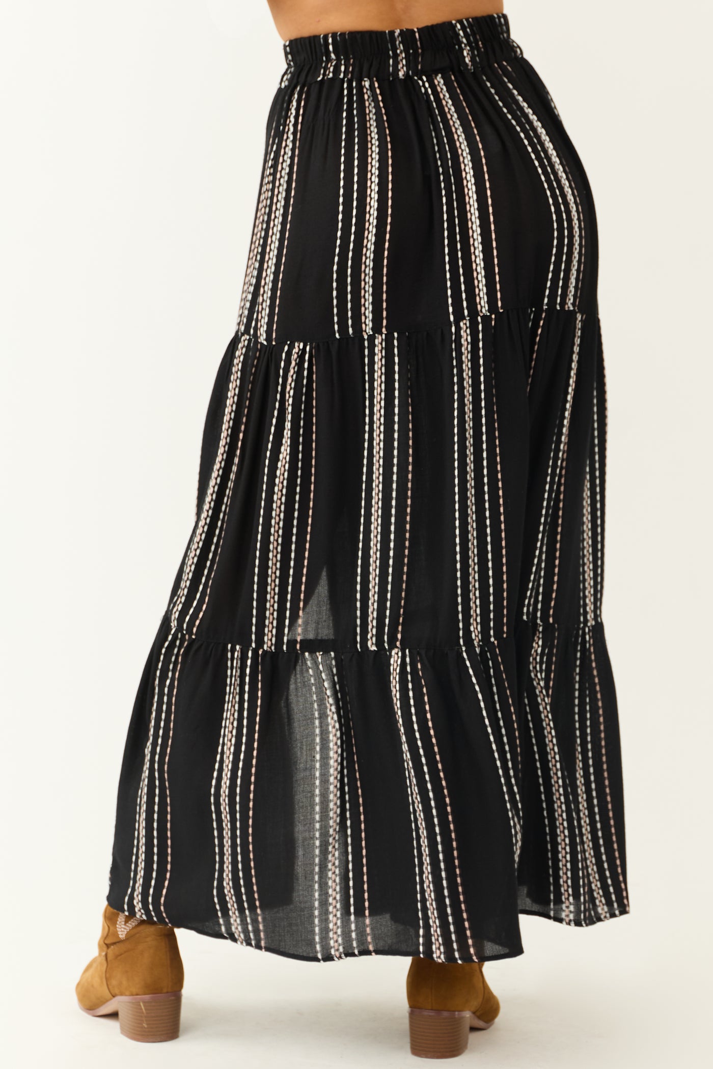 Black Tiered Striped High Side Slit Maxi Skirt